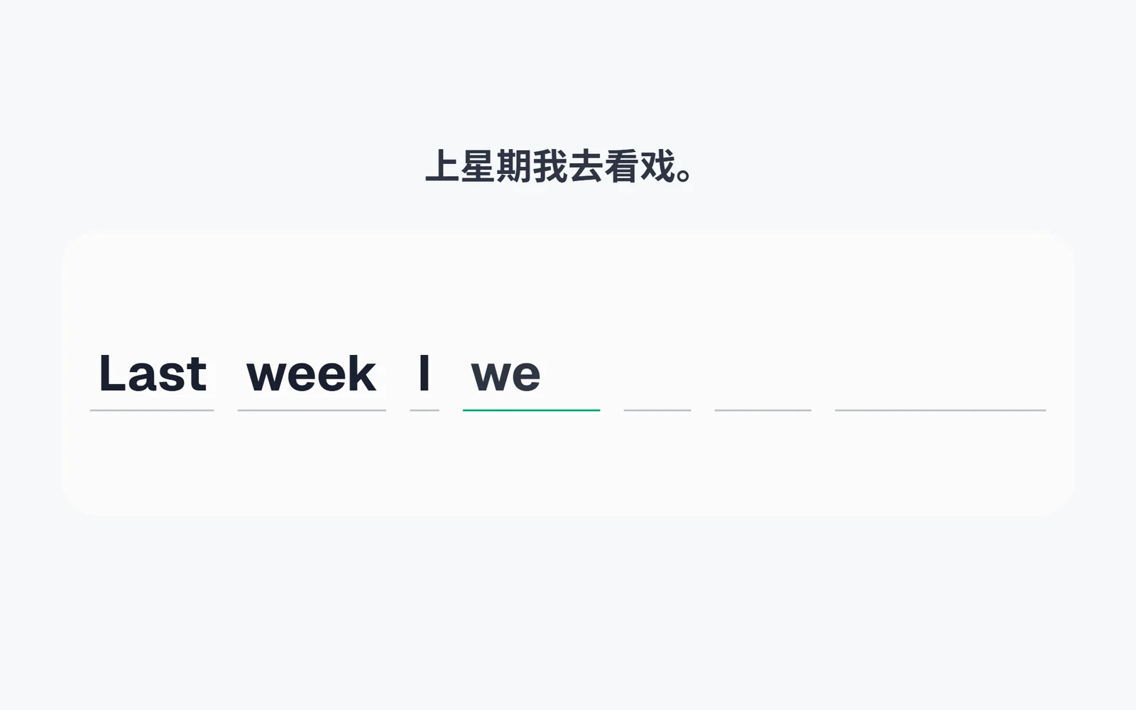 整句听写:看中文「上星期我去看戏。」把整句拼写出来,已拼到 Last week I we